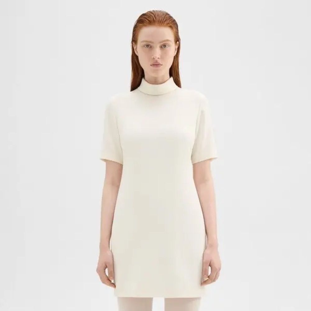 NWT THEORY Mini Roll Neck Dress Ivory Short-Sleeve Turtleneck Shift 10